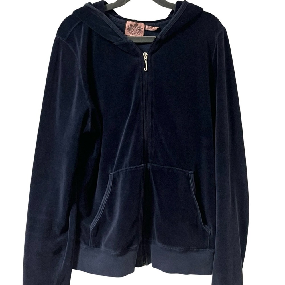 Juicy Couture Navy Blue Velour Zip Up Hoodie Sweater Silver Zipper Women's Large